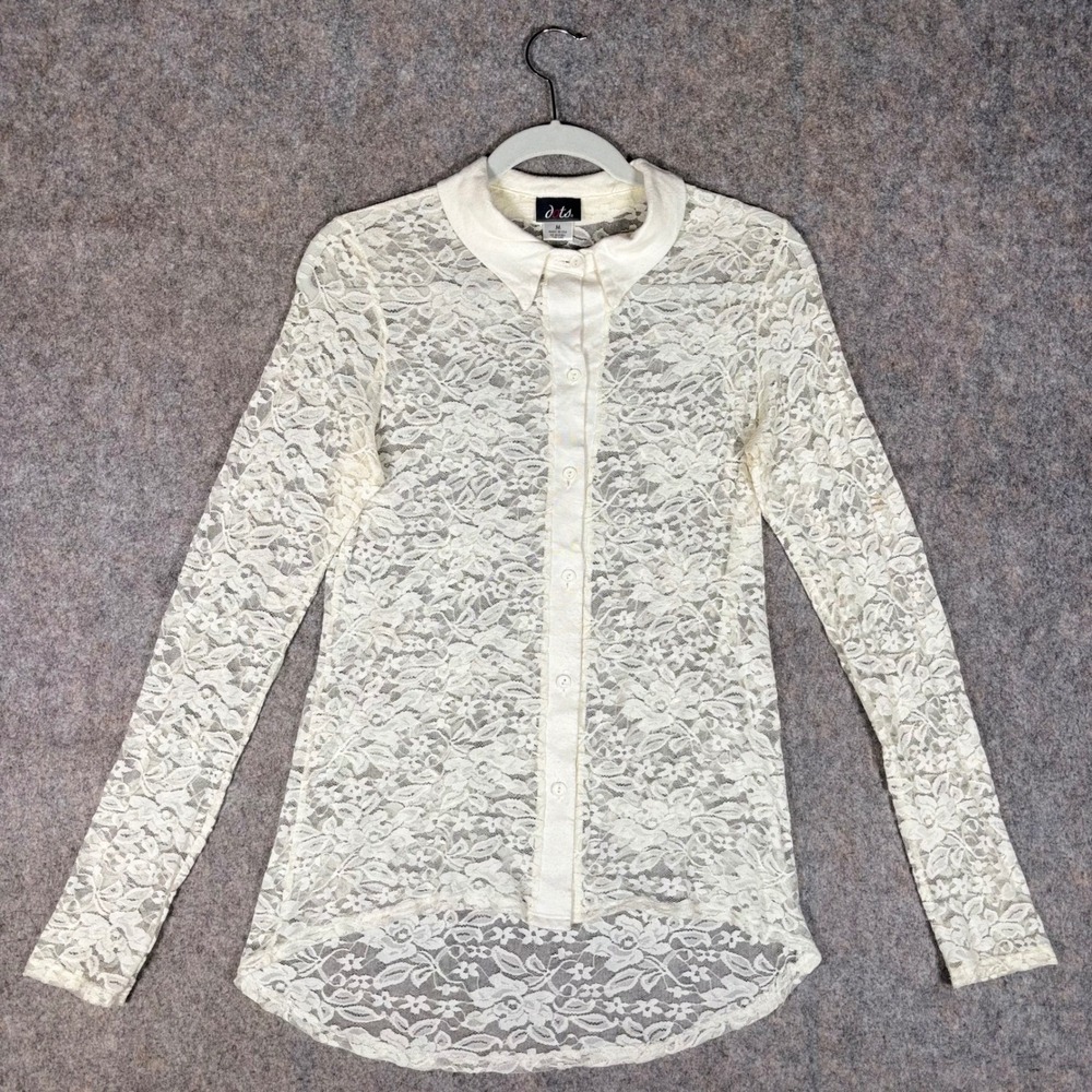 Vintage Lace Button Down Shirt Womens M Ivory Sheer Floral High Low Blouse USA